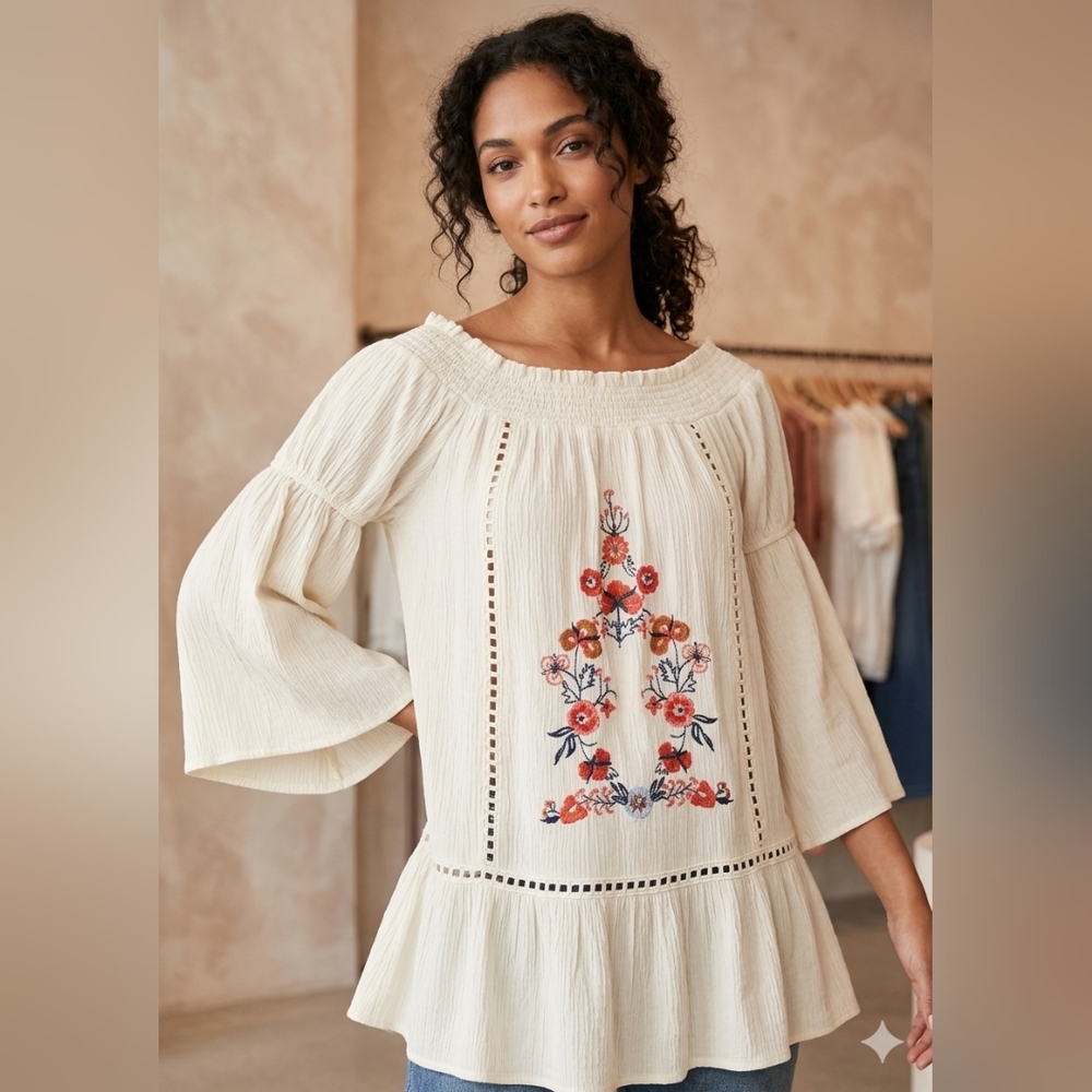 Taylor & Sage Cream Peasant Tunic with Floral Embroidery Size XS